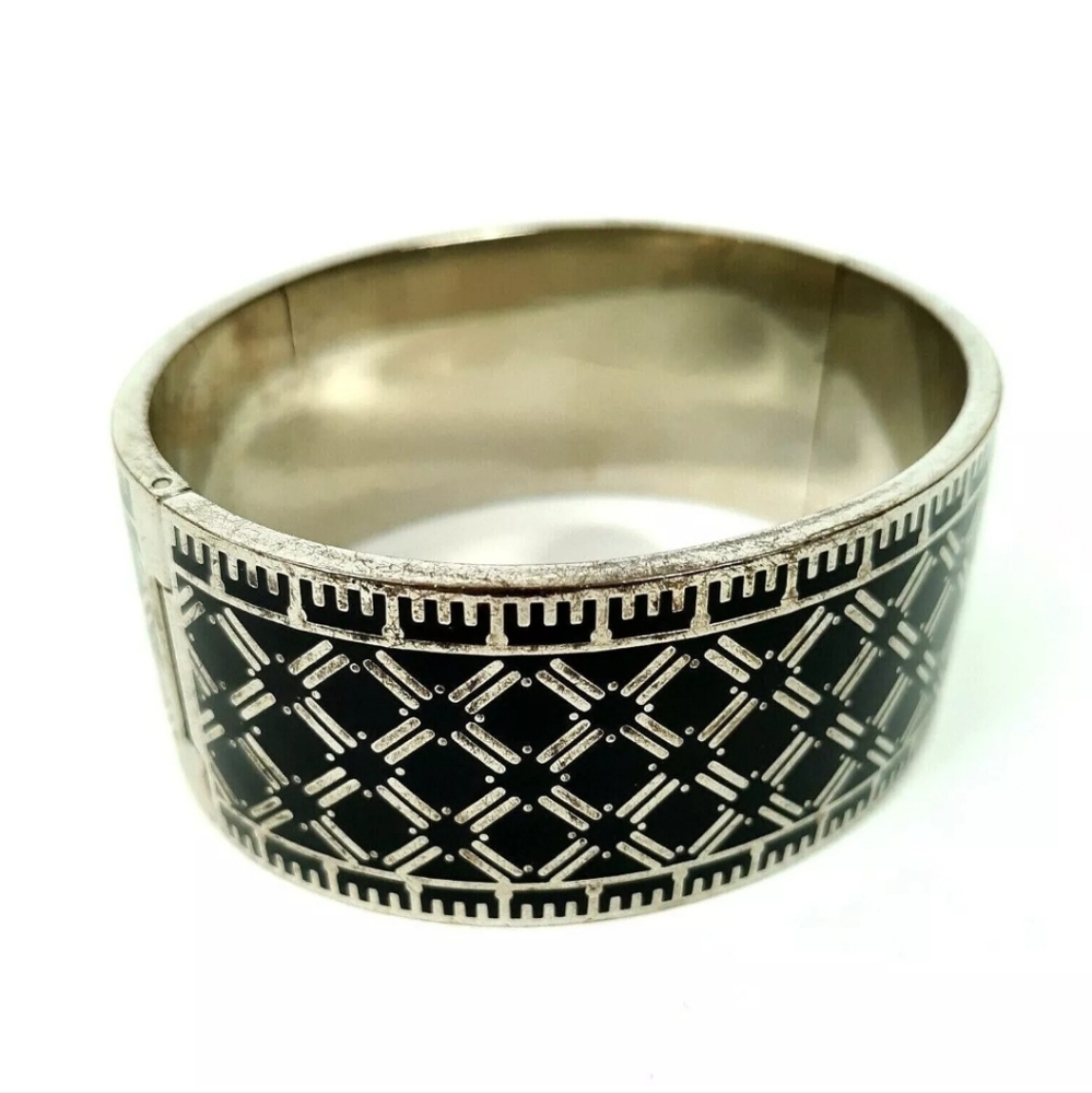 Halcyon Days Harlequin Wide Hinged Bangle Cuff Bracelet Palladium Black Enamel